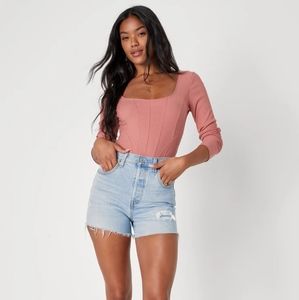 Style Skills Rose Pink Ribbed Knit Long Sleeve Corset Bodysuit